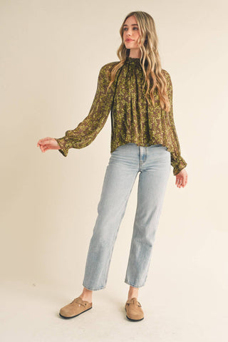 FLORAL LUREX BALLOON SLEEVE TOP