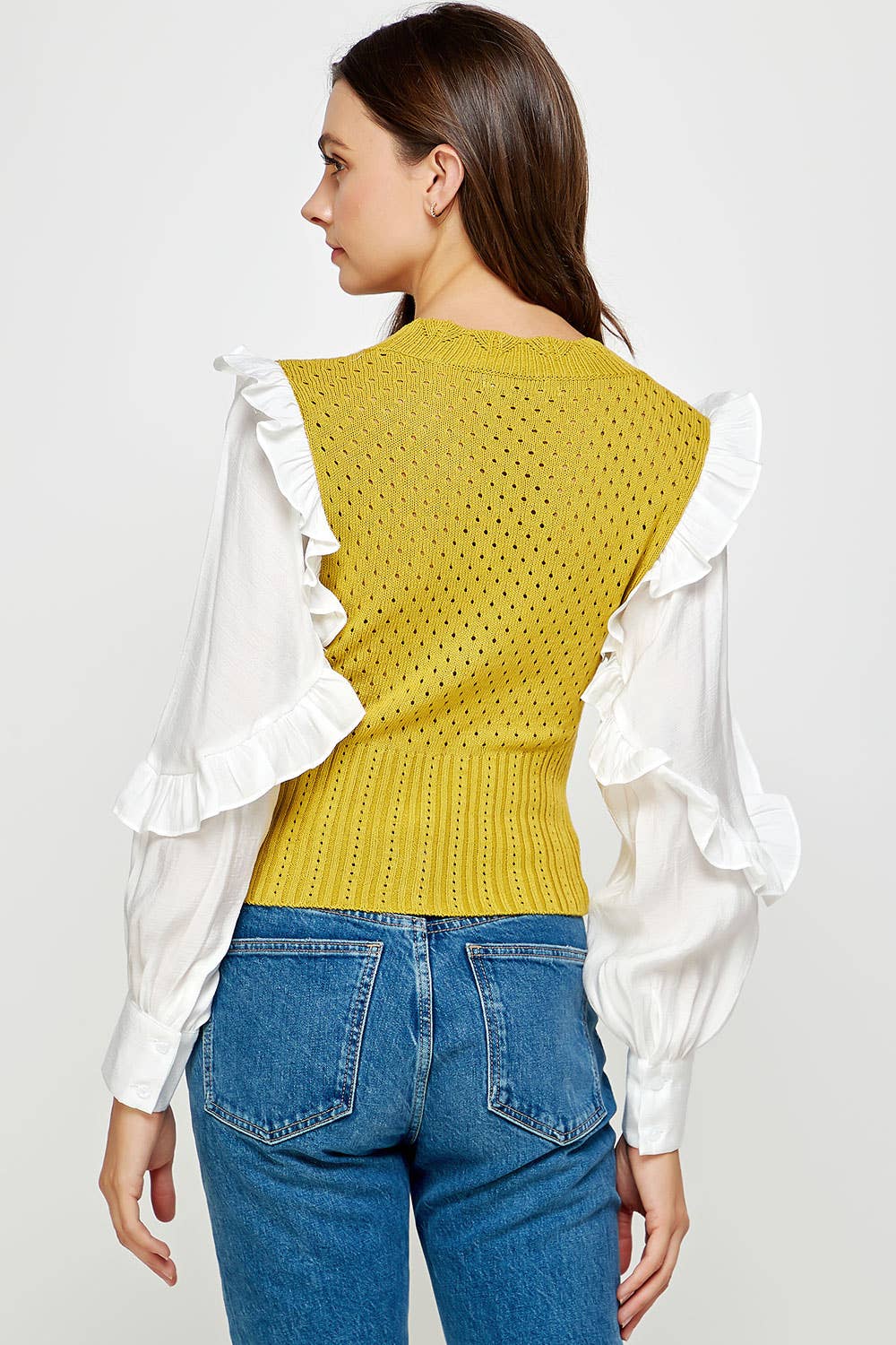 Mixed Fabric Ruffled Sleeve Crochet Knit Sweater