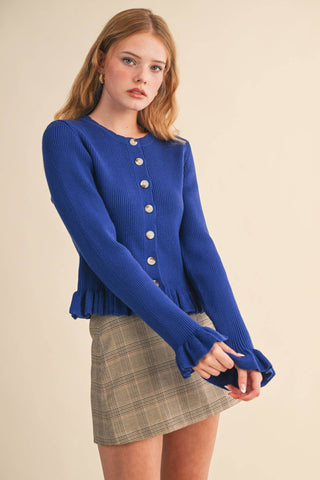 RUFFLE HEM RIBBED KNIT SWEATER CARDIGAN