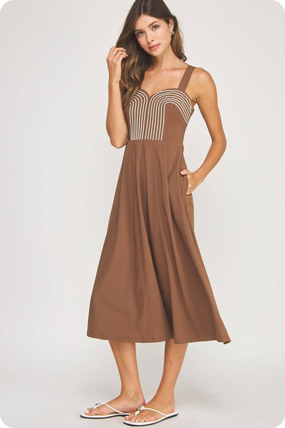 Braid Embroidery Detail Pleated Midi Dress