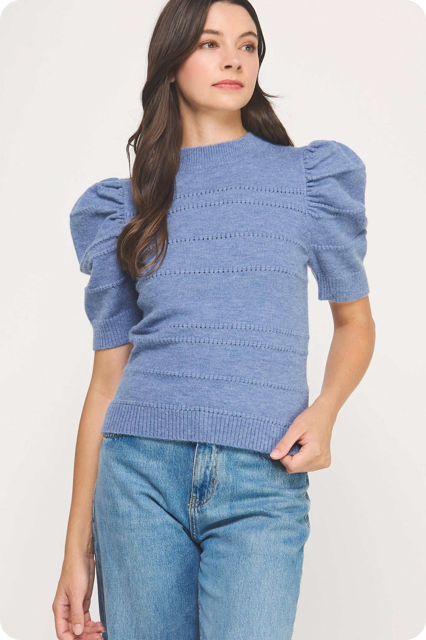 Mock Neck Puff Sleeve Pointelle Knit Sweater Top