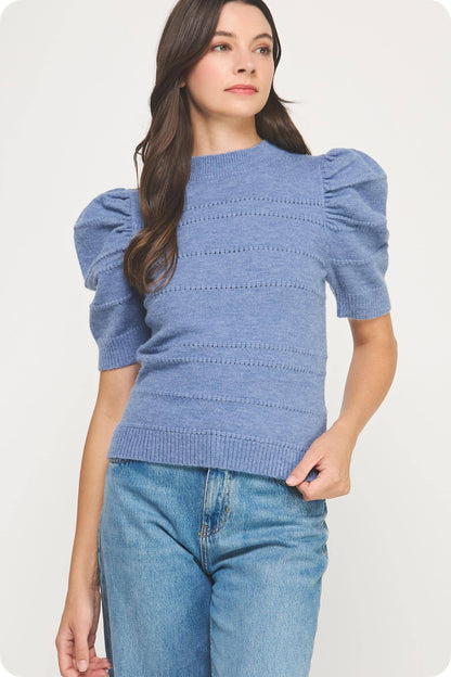 Mock Neck Puff Sleeve Pointelle Knit Sweater Top
