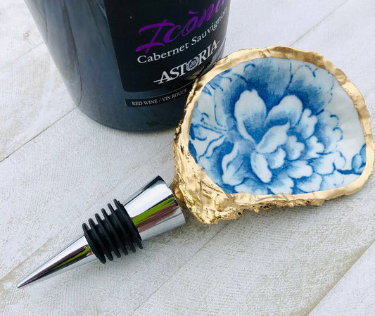 Oyster Shell Wine Stopper--Blue And White Chinoiserie