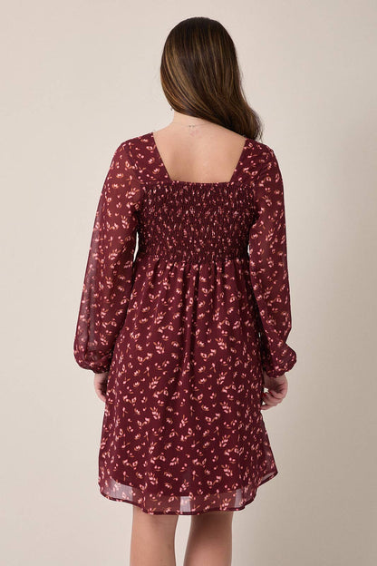 V-NECK LONG SLEEVE BACK SMOCKING FLORAL MINI DRESS