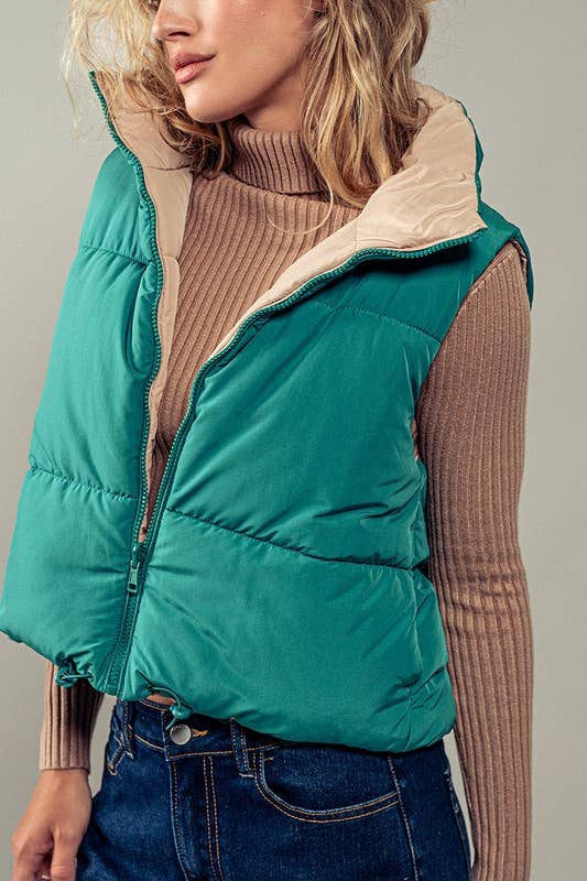 Cozy N Cute Reversible Stand Collar Cropped Puffer Vest