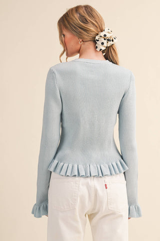 RUFFLE HEM RIBBED KNIT SWEATER CARDIGAN