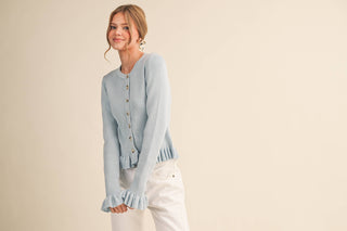 RUFFLE HEM RIBBED KNIT SWEATER CARDIGAN