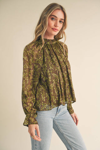 FLORAL LUREX BALLOON SLEEVE TOP