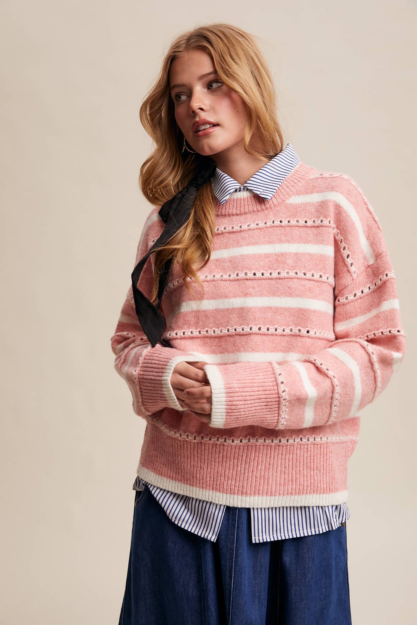 Striped Open-Stitch Pullover Sweater LSW1015