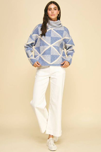 DIAMOND PATTERN TURTLE NECK SWEATER - 6354WS