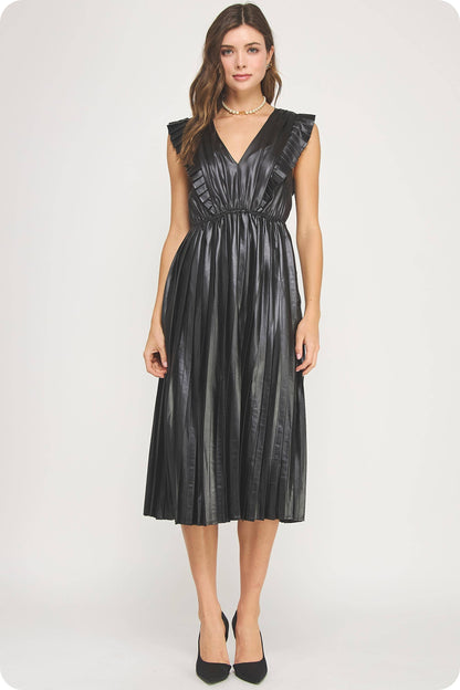 Lady in Luxe Sleeveless Pleated Satin Midi Dress