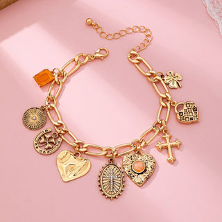 Charm Bracelet-Cross Heart Oval Motifs