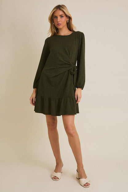 ROUND NECK LONG SLEEVE SIDE TIE DRESS