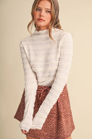 SHIRRED LONG SLEEVE MOCK NECK TOP