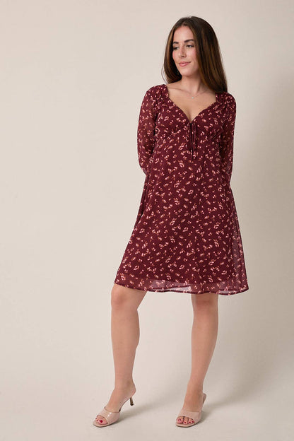 V-NECK LONG SLEEVE BACK SMOCKING FLORAL MINI DRESS