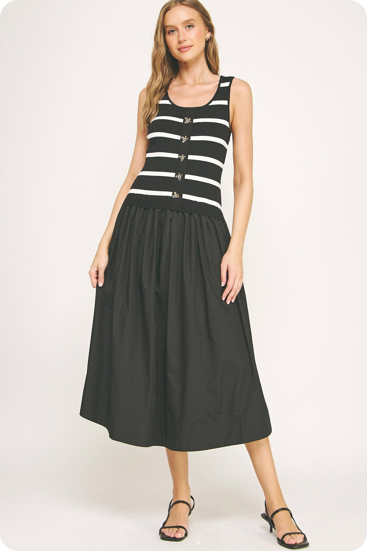 Mixed Media Striped Knit Midi Dress