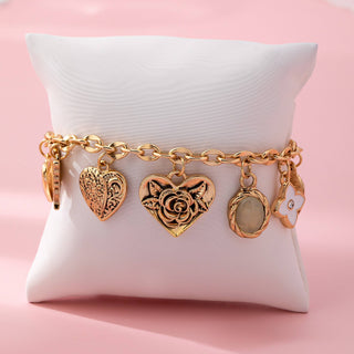 Gold Charm Bracelet with Hearts & Flowers