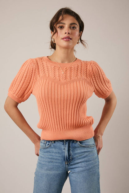 ROUND NECK PUFF SHORT SLEEVE CABLE SWEATER