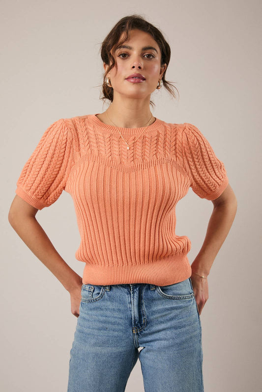 ROUND NECK PUFF SHORT SLEEVE CABLE SWEATER