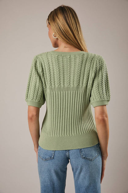 ROUND NECK PUFF SHORT SLEEVE CABLE SWEATER