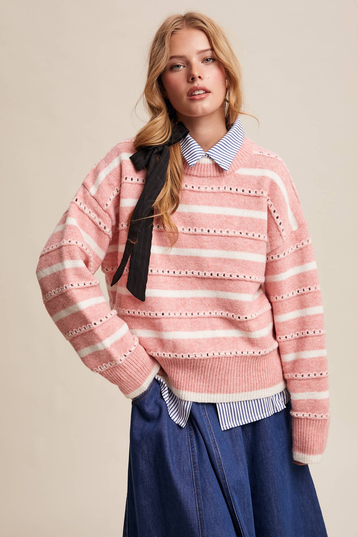 Striped Open-Stitch Pullover Sweater LSW1015