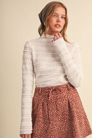 SHIRRED LONG SLEEVE MOCK NECK TOP