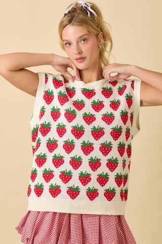 Strawberry Oversized Sleeveless Sweater Knit Top