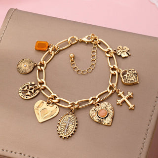 Charm Bracelet-Cross Heart Oval Motifs