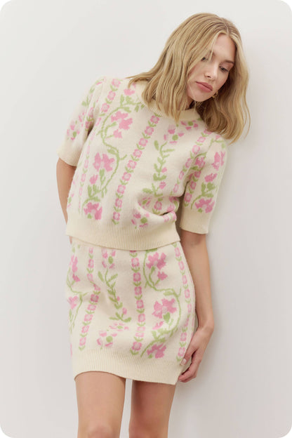 Floral Intarsia Sweater Mini Skirt
