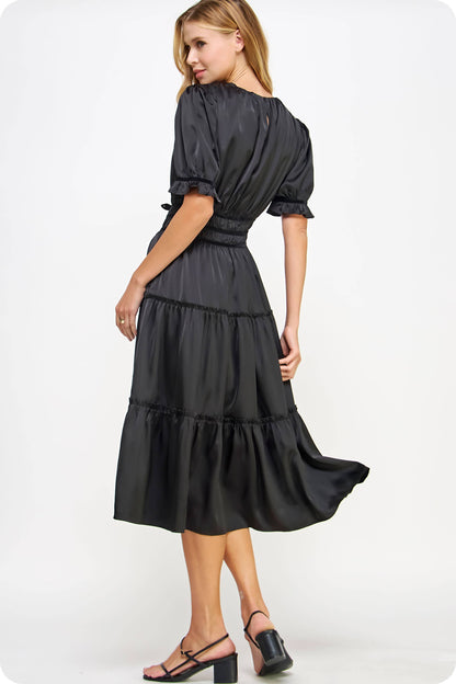 Velvet Trim Ruched Satin Midi Dress
