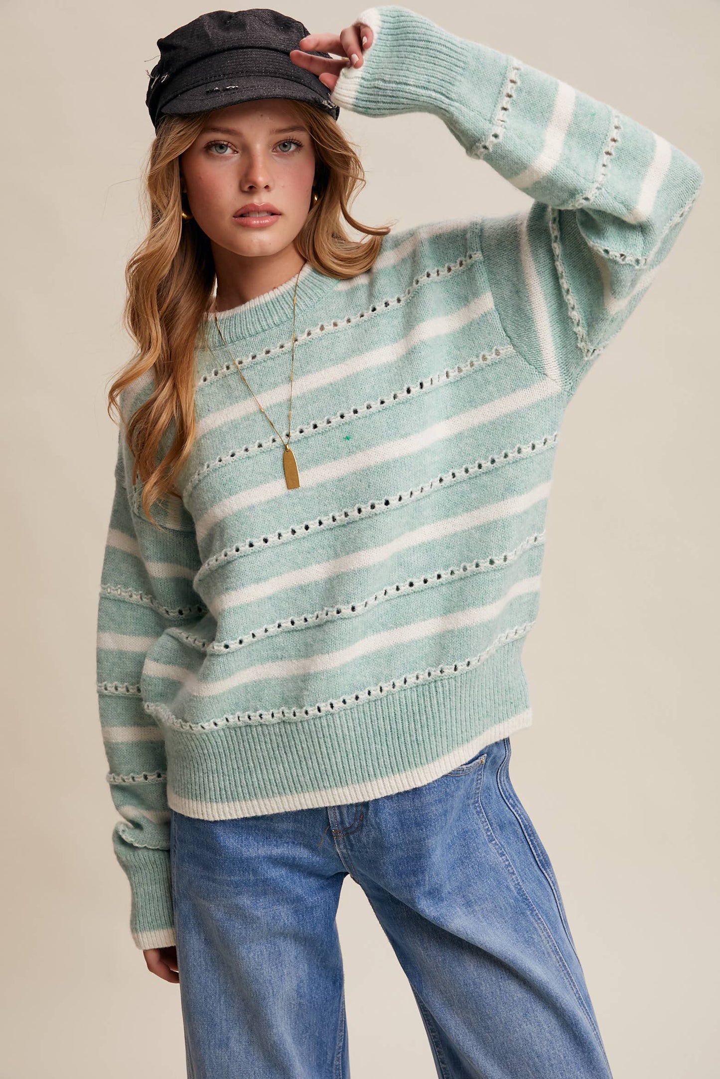 Striped Open-Stitch Pullover Sweater LSW1015
