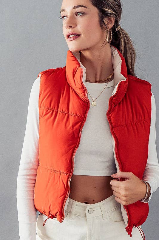 Cozy N Cute Reversible Stand Collar Cropped Puffer Vest
