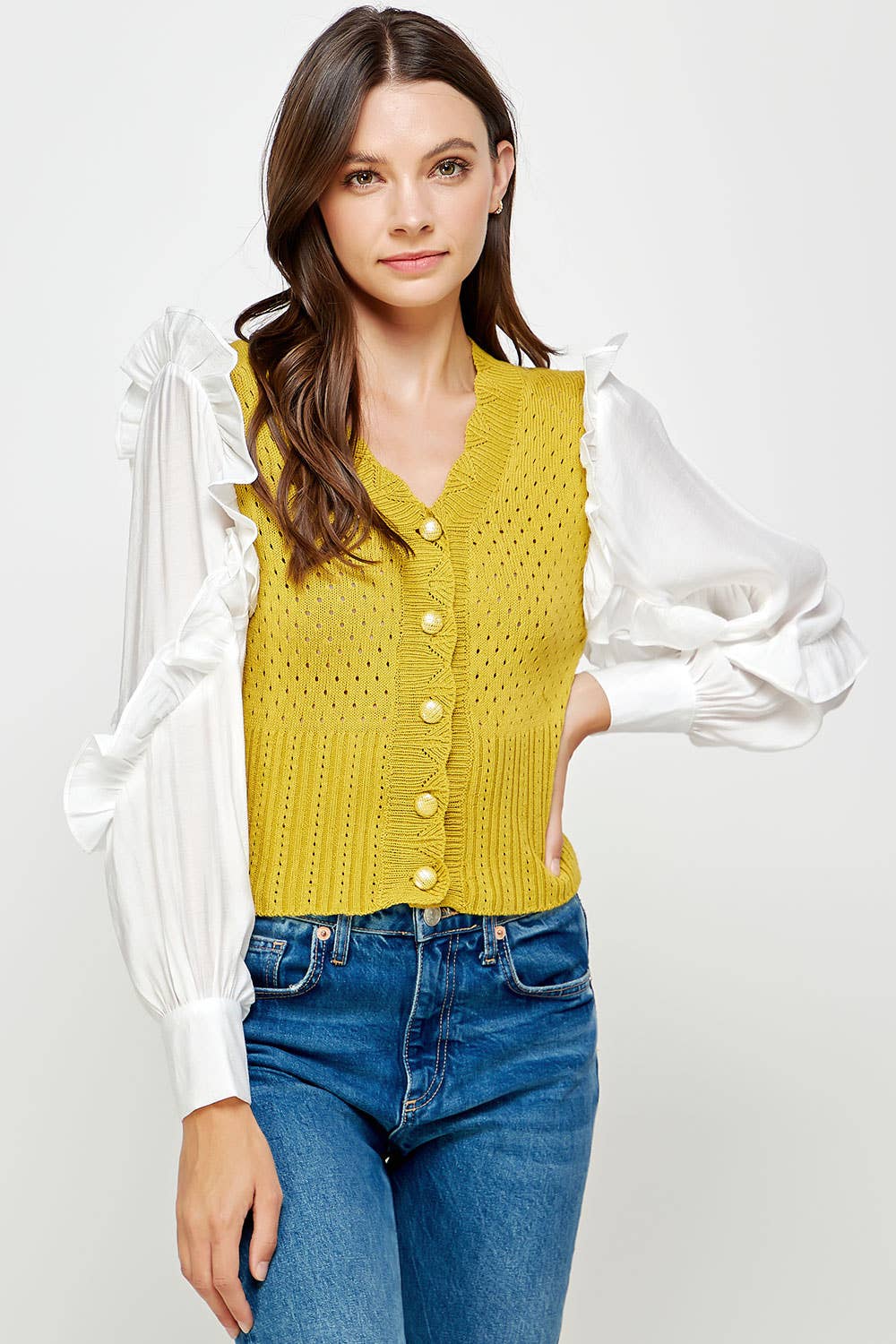 Mixed Fabric Ruffled Sleeve Crochet Knit Sweater