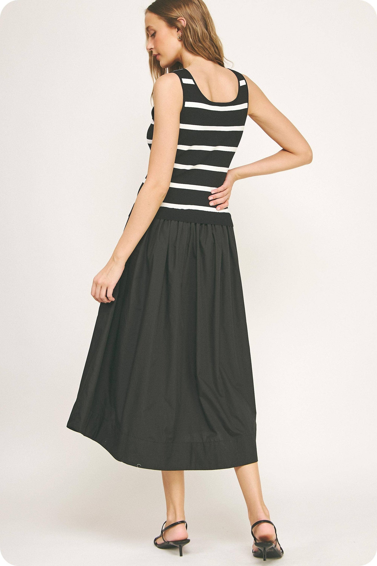 Mixed Media Striped Knit Midi Dress