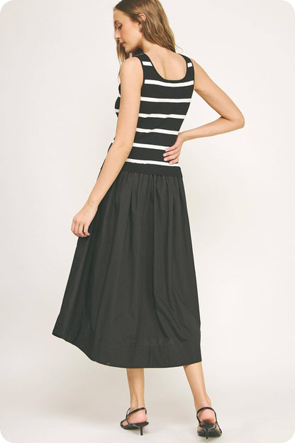 Mixed Media Striped Knit Midi Dress