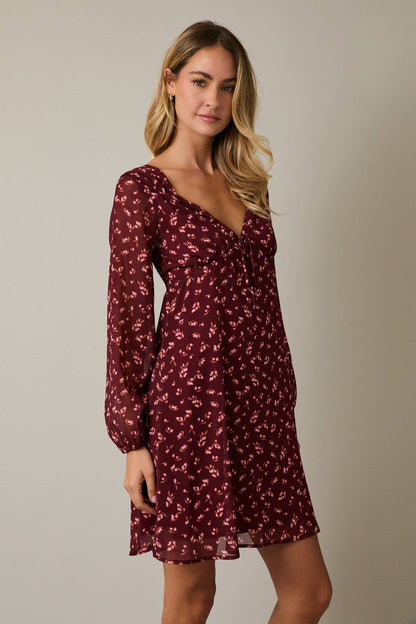 V-NECK LONG SLEEVE BACK SMOCKING FLORAL MINI DRESS