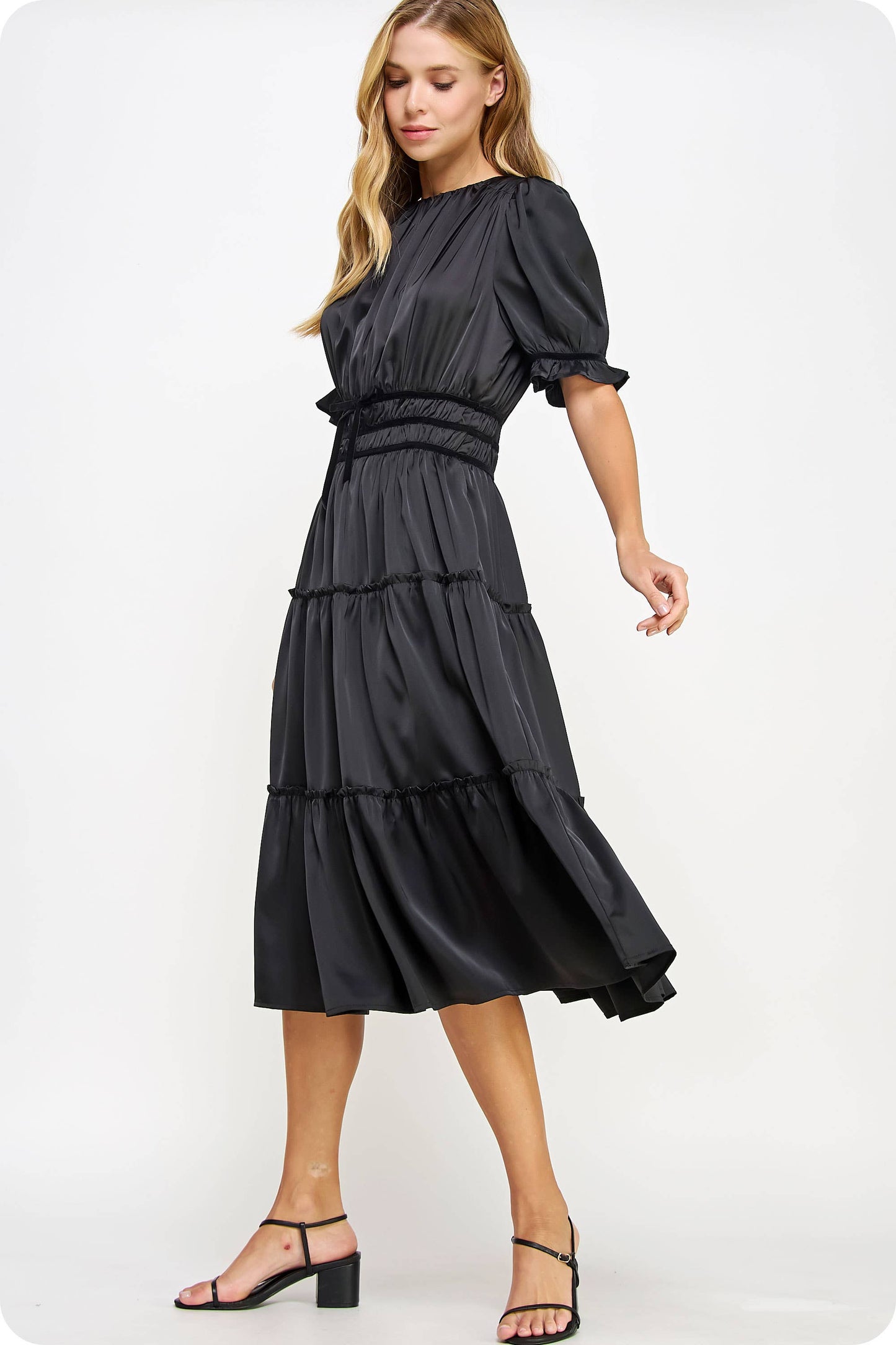 Velvet Trim Ruched Satin Midi Dress
