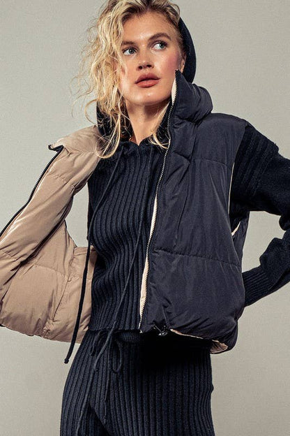 Cozy N Cute Reversible Stand Collar Cropped Puffer Vest