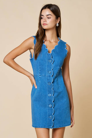 Denim Scalloped Button Down Mini Dress