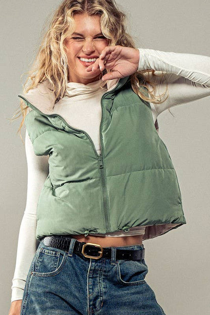 Cozy N Cute Reversible Stand Collar Cropped Puffer Vest