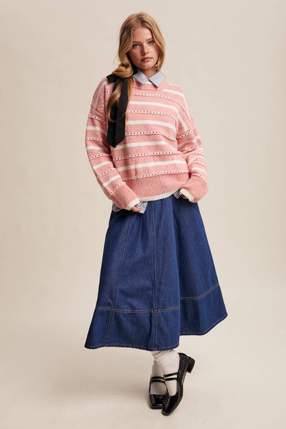 Striped Open-Stitch Pullover Sweater LSW1015