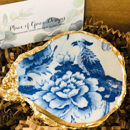 Decoupage Oyster Ring Dish--Blue And White Chinoiserie Print