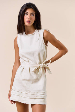 Frayed Trim Sleeveless Mini Dress