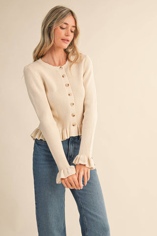 RUFFLE HEM RIBBED KNIT SWEATER CARDIGAN