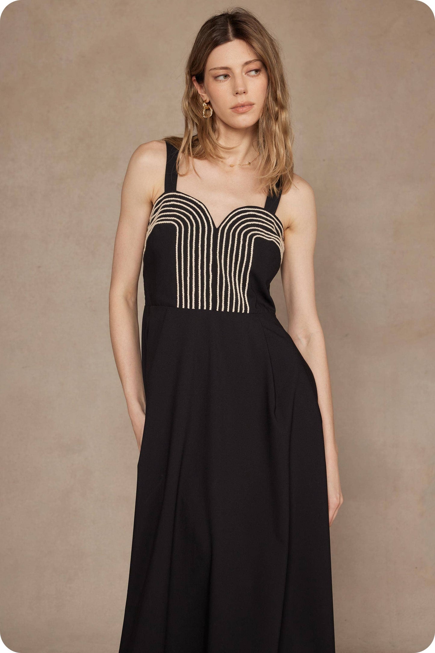 Braid Embroidery Detail Pleated Midi Dress