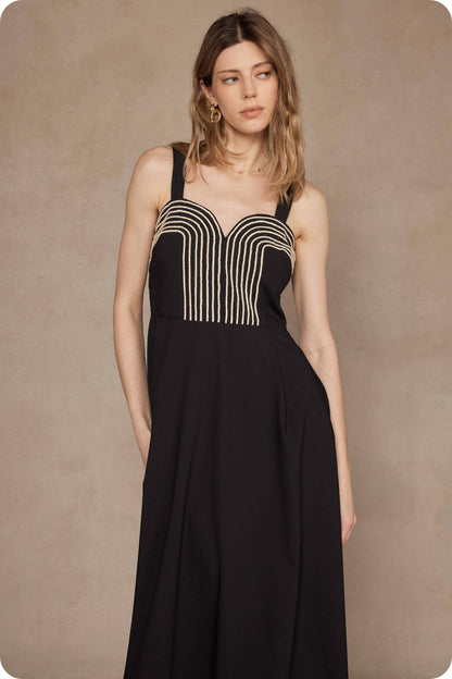 Braid Embroidery Detail Pleated Midi Dress