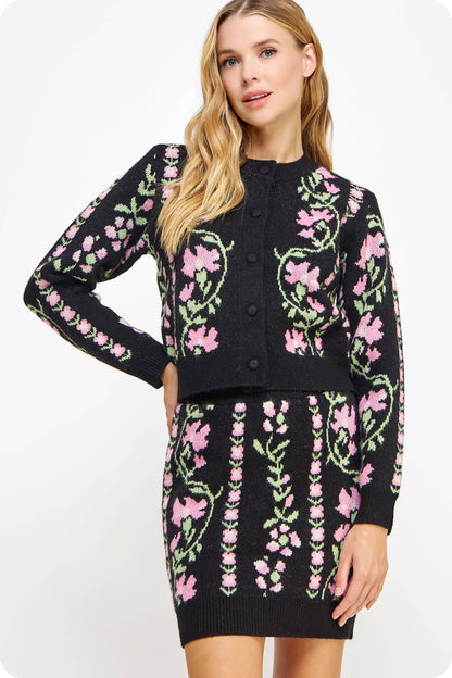 Floral Intarsia Sweater Cardigan