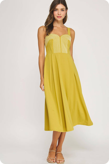 Braid Embroidery Detail Pleated Midi Dress