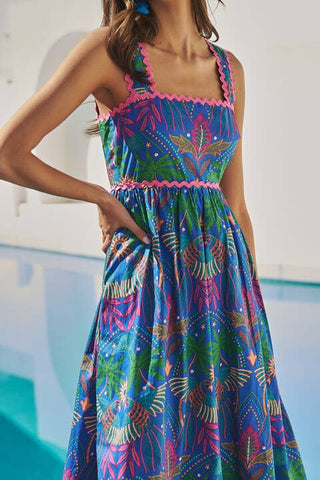 Yori Tropical Pleated Midi Dress