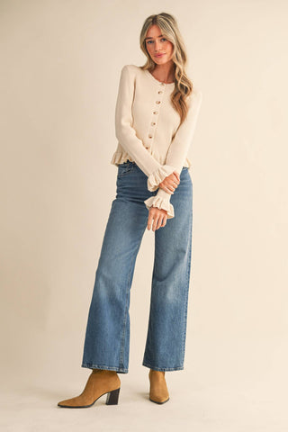 RUFFLE HEM RIBBED KNIT SWEATER CARDIGAN